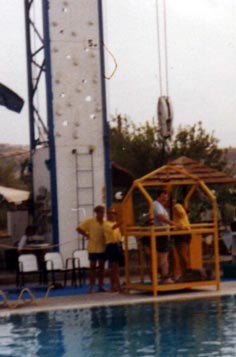 Mark in Greece, about to be hoisted 150 feet into the air in a cage.